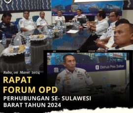 MAMUJU – kadishub Sulbar Maddareski Salatin memimpin Rapat Forum OPD Perhubungan se – Sulawesi Barat Tahun 2024 di ruang Rapat Dishubda Sulbar.  Rabu, 06 Maret 2024